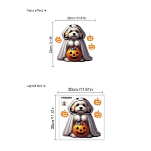 Detail of Halloween ghost dog sticker with size chart and paste effect visual