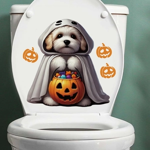 Close-up of Halloween toilet lid sticker featuring a ghost puppy with a pumpkin basket