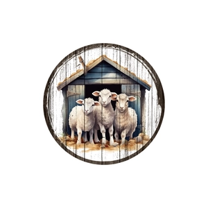Vintage oil painting style farm landscape wall sticker with cute lambs and a blue farmhouse