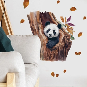 Detailed watercolor panda peeking from a tree trunk with autumn leaves on white wall