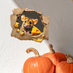 3D cartoon mouse hole wall sticker with yellow cheese on a textured white wall