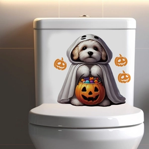 Halloween toilet sticker detail showing a ghost dog holding a pumpkin candy bucket
