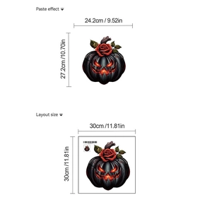Detail view showing Halloween pumpkin wall sticker dimensions and layout size on white background