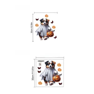 Detailed view of Halloween dog ghost decal with size dimensions of 30x30cm for bathroom