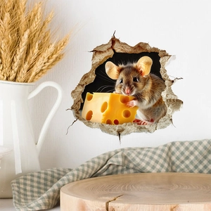 3D cartoon mouse hole wall sticker with cheese for home living room wall decor