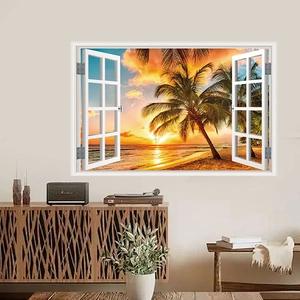 Adesivo da parete 3D con vista mare al tramonto tropicale e cornice di finestra bianca