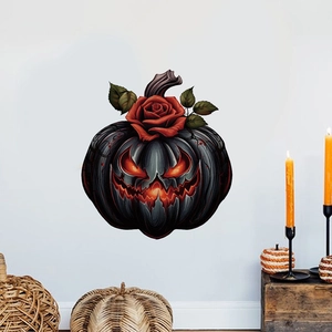 Detailed view of Halloween dark pumpkin wall sticker with glowing eyes and rose detail