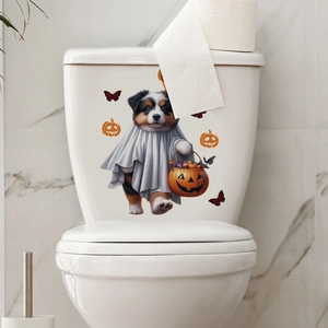Detailed Halloween toilet sticker with cute ghost puppy and pumpkin bucket on ceramic seat