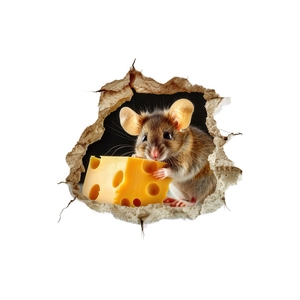 3D cartoon wall sticker featuring a cute brown mouse holding Swiss cheese in a hole