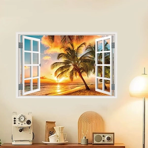 Dettaglio dell'adesivo murale 3D finestra con tramonto tropicale e cornice bianca