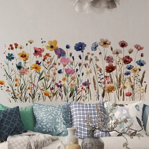 Watercolor wildflower wall decals with cosmos and sunflowers for living room decor