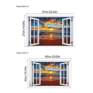 Dettaglio dimensioni adesivo murale finestra 3D con vista paesaggio spiaggia tramonto