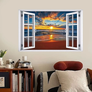 Dettaglio dell'adesivo murale finestra 3D con tramonto sulla spiaggia in soggiorno