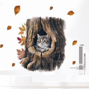 Cartoon cat in a tree hollow wall sticker with autumn maple leaves for home decor