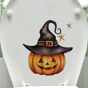 Adesivo per WC di Halloween in PVC con zucca e cappello da mago su coperchio bianco