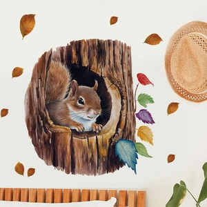Watercolor squirrel in a tree hole wall sticker with colorful autumn leaves for bedroom decor