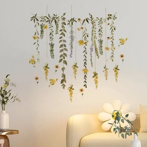 Hanging Green Plant Vine Wall Stickers PVC Self Adhesive Yellow Daisy Floral Decals For Living Room Bedroom Home Decor