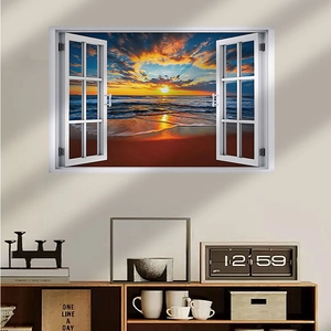 Dettaglio di un adesivo da parete effetto finestra 3D con tramonto sulla spiaggia sul muro