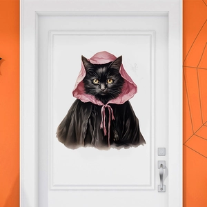 Halloween wall sticker featuring a black cat with a pink hood on a white door and orange wall