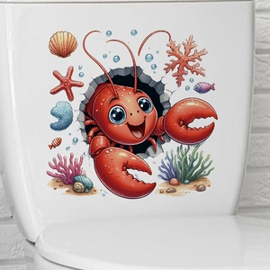 Détail d'un autocollant 3D homard marin pour toilettes sur réservoir blanc, décor étanche