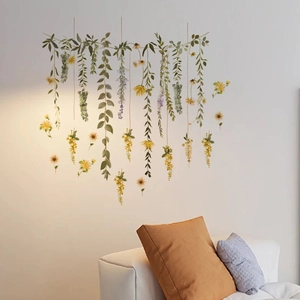 Hanging green vine and yellow flower wall stickers for a modern living room decor