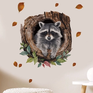 Watercolor raccoon peeking from a tree hole wall sticker with autumn leaves for home decor
