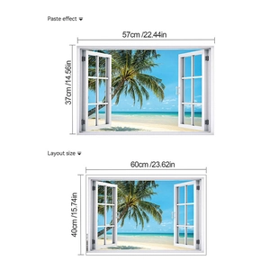 Adesivo murale finestra 3D spiaggia con effetto applicazione e misure del layout