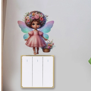 Detail of cartoon butterfly fairy wall sticker placed above a white light switch