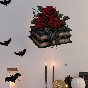 Gothic Halloween wall sticker with red roses and vintage books on white wall background