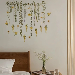 Self-adhesive PVC wall decal with green vines and yellow daisies for bedroom decor