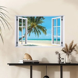 Adesivo murale 3D finestra spiaggia tropicale con palme su una parete beige minimalista