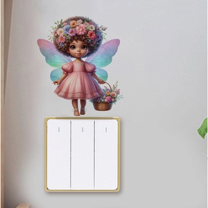 Adorable flower fairy wall sticker decorates a white triple light switch on a clean wall