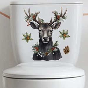 Detailed watercolor reindeer wall sticker with pine cones on a white toilet lid cover