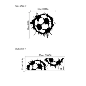 Detail of cartoon soccer wall decal with layout size 90x30cm and 50x50cm paste effect