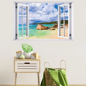 Dettaglio adesivo murale finestra 3D con vista spiaggia tropicale e cornice bianca