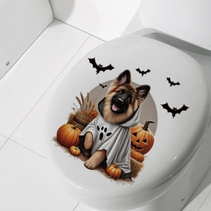 Halloween toilet lid sticker featuring a German Shepherd in a ghost cloak with pumpkins