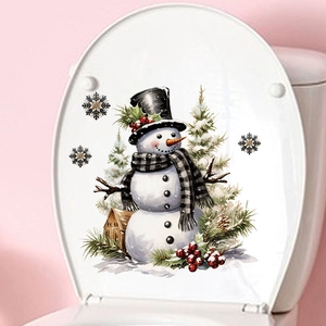 Christmas snowman toilet seat sticker decoration with pine trees and snowflakes