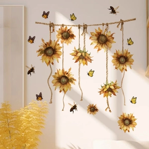 Detailed watercolor sunflower wall stickers with realistic bees and butterflies decorations