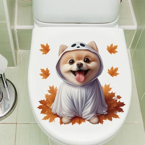 Halloween Pomeranian dog in ghost hoodie and autumn leaves toilet seat sticker decal