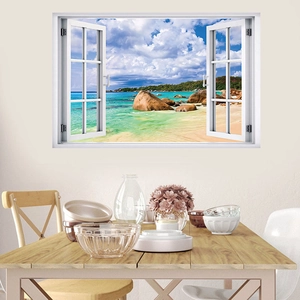 Dettaglio di un adesivo murale finestra 3D con vista spiaggia tropicale e cornice