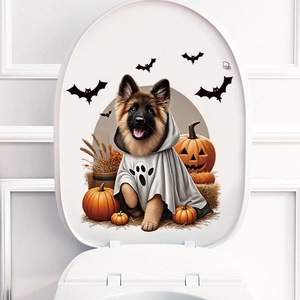 Halloween toilet lid sticker featuring dog in ghost cape with pumpkins and bats