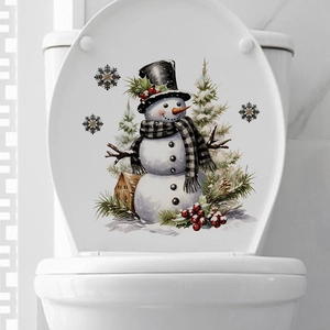 Detail of Christmas snowman toilet sticker with watercolor plaid scarf and snowflakes