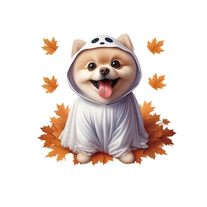 Halloween Pomeranian dog in ghost costume sticker with autumn maple leaves for bathroom decor