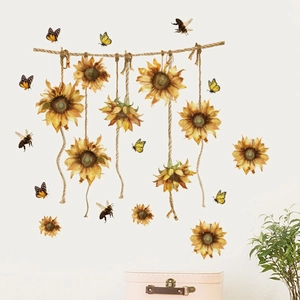 Detailed watercolor sunflower wall stickers with butterflies and bees for home decor