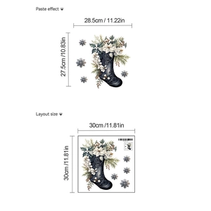 Detailed size layout of PVC Christmas boot wall sticker with pine needles and snowflakes