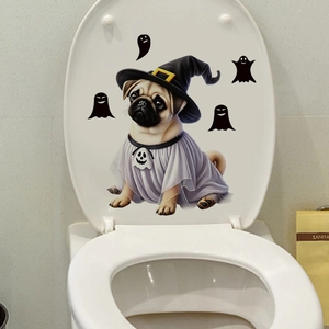 Halloween pug ghost toilet sticker with wizard hat and waterproof PVC cartoon decals