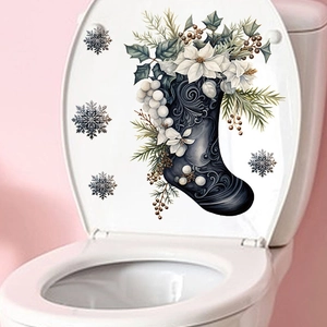 Christmas toilet seat sticker featuring vintage stocking and snowflake decorations