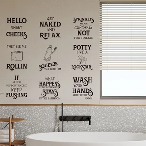 Detailed view of black minimalist PVC bathroom wall stickers on grey marble tiles