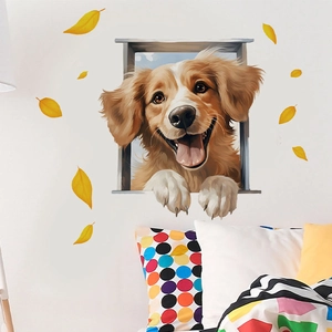 3D golden retriever puppy wall sticker with autumn maple leaves for home decor