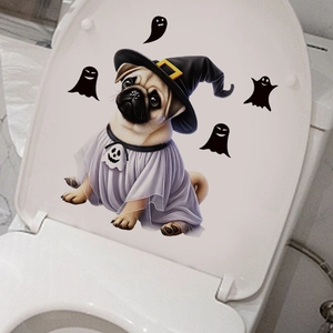 Pug ghost toilet lid decal with wizard hat and spooky silhouettes for Halloween decor